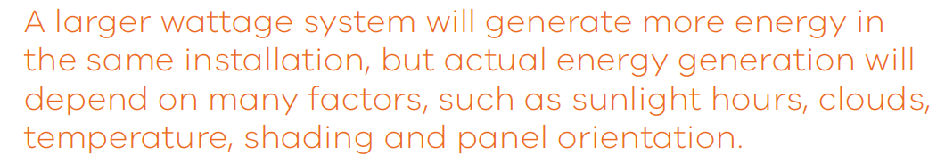 A larger wattage system will generate more energy in the same installation, but actual energy generation will depend on many factors, such as sunlight hours, clouds, temperature, shading and panel orientation.