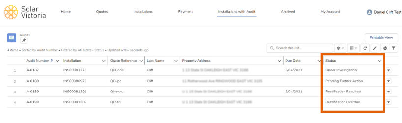 Screenshot showing the 'installations with audit' tab in the poral